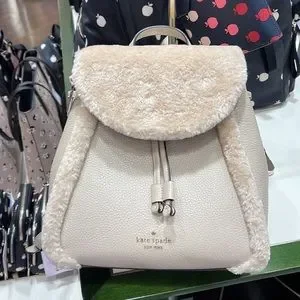 Kate Spade Leila Beige Shearling Trim Backpack Kate Spade Leila Medium Flap Backpack Faux Shearling in  main image 4